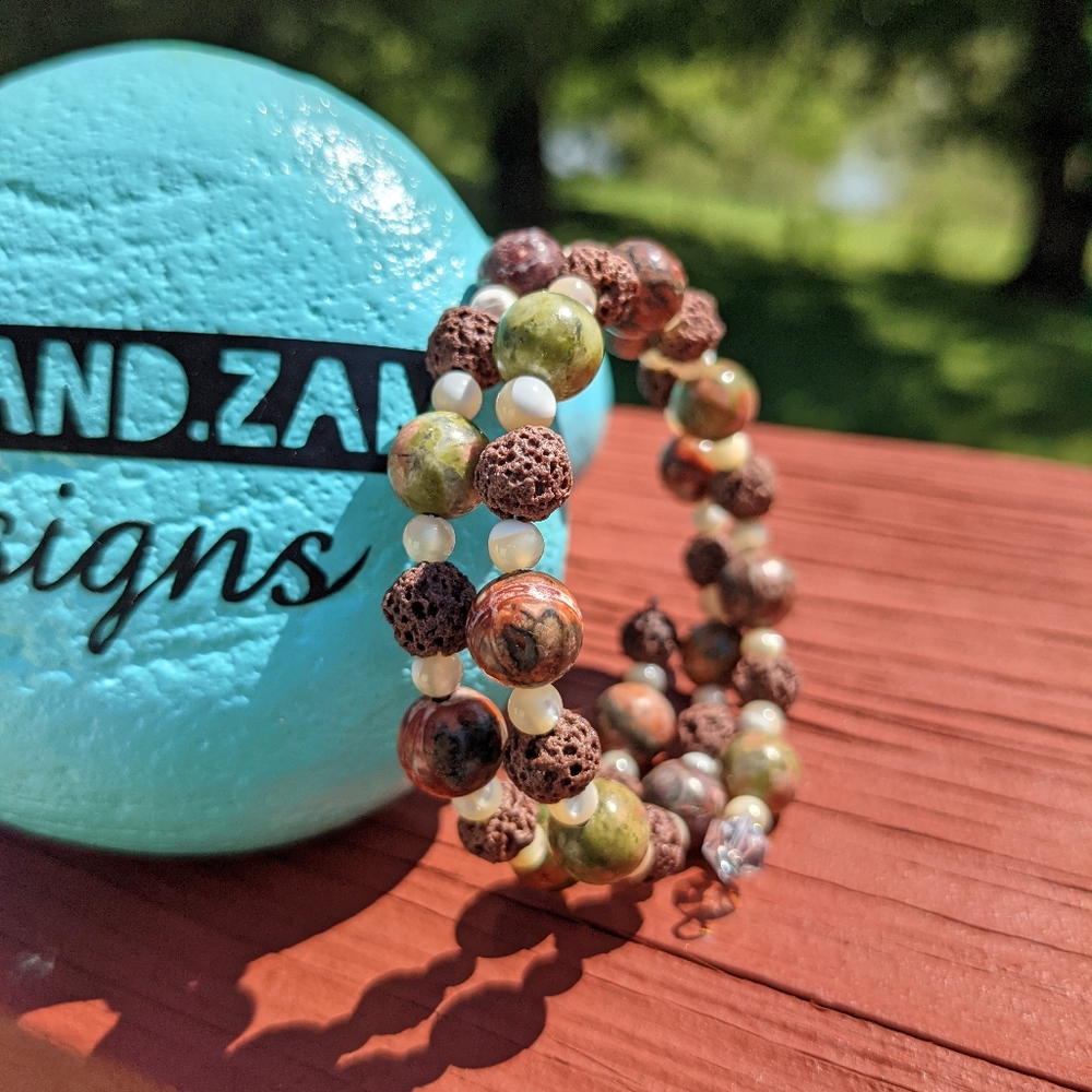 Hand Crafted Bracelet Lava Stone Mother of Pearl